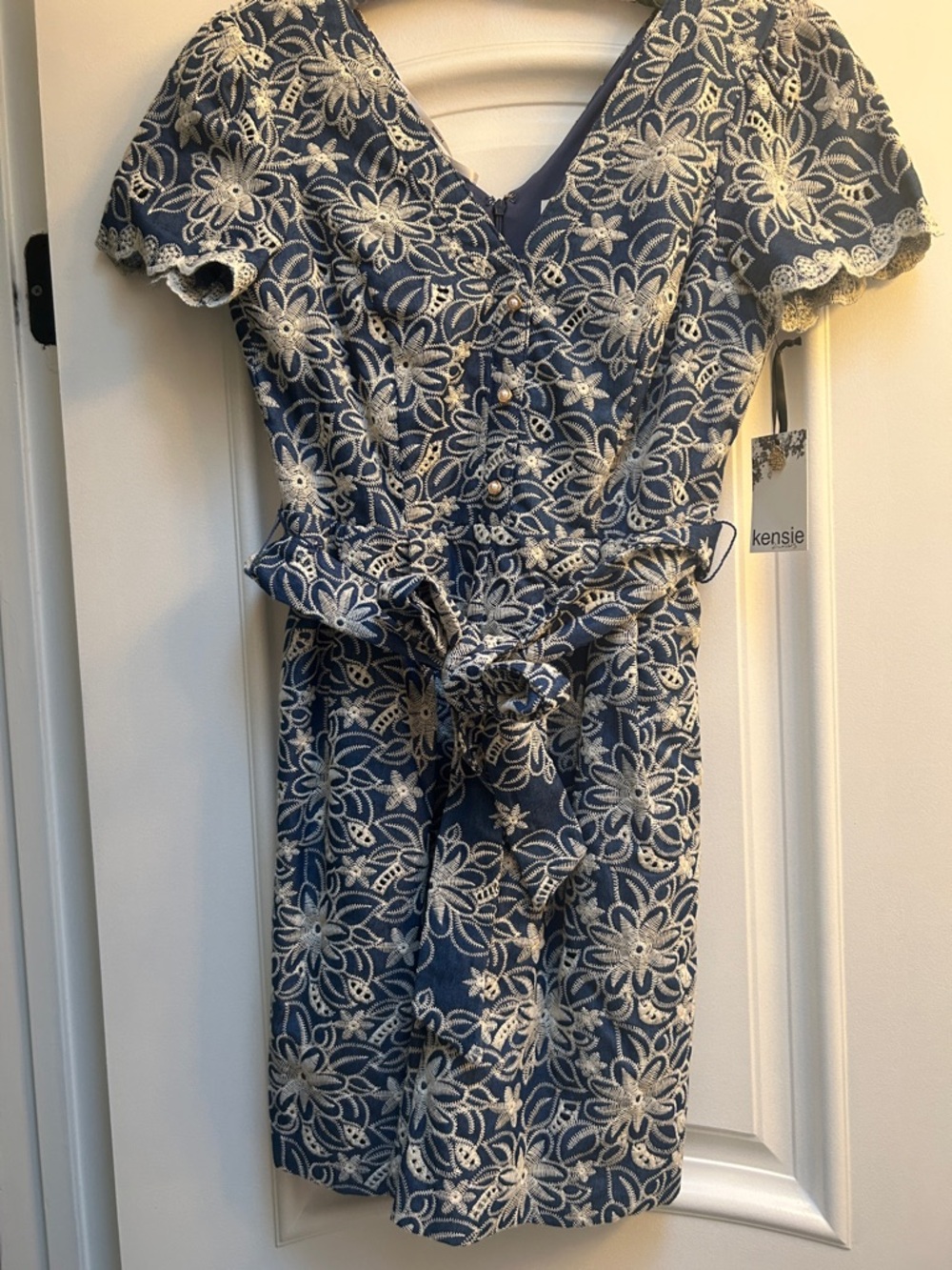 Kensie Blue Romper with Cream Floral Lace and Self-Tie Waist